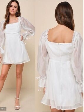NWT Lulu’s Darling Image White Chiffon Ruffled Off-the-Shoulder Mini Dress Chic
